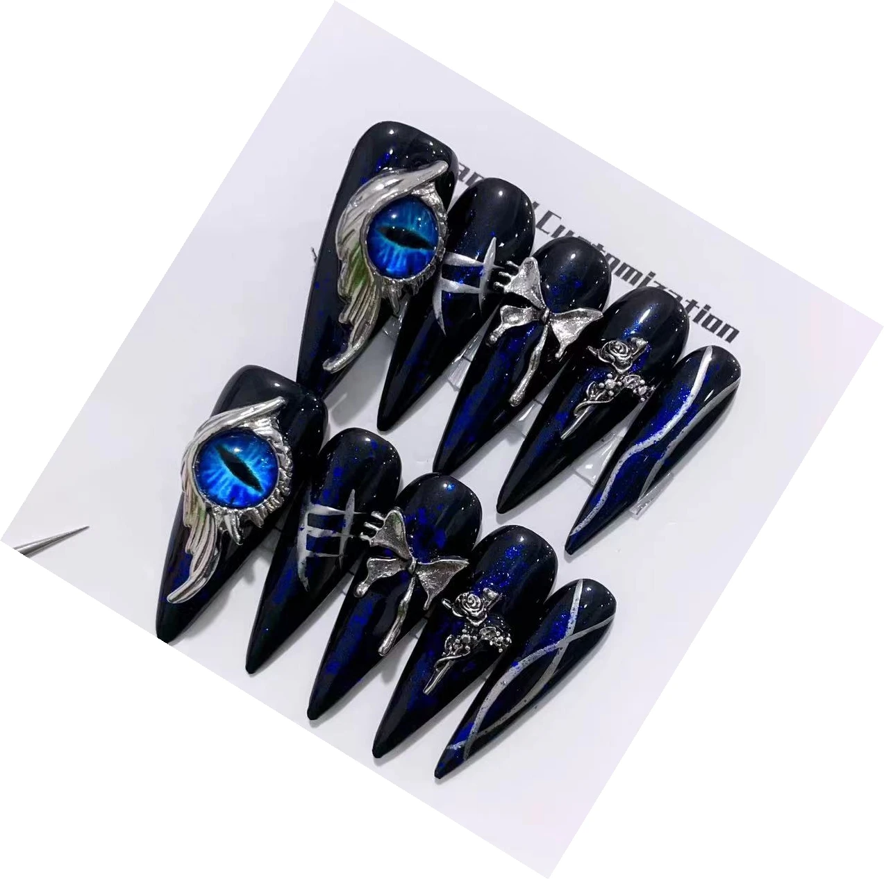 Emmabeauty Blue Mystic Glow Detachable Reusable High-Quality Elegant Luxurious Whitening Handmade Press On Nails.No.E499