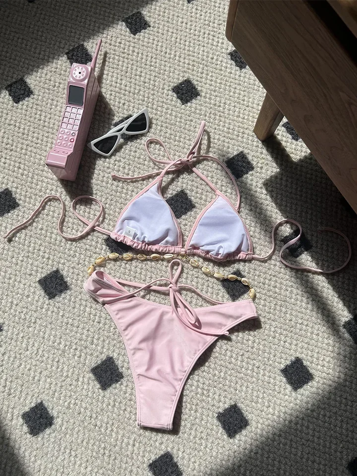 Vzvn Sexy Chain Laced Up Backless Bikini Women Split Swimsuit Beach Vacation Bikini 2026 New All Season Bikini 2 Piece Set