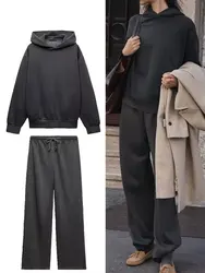 HH Autumn Women Fleece Coat Pant Sets Long Sleeve Hooded Sweatshirt Casual Drawstring Straight Trousers Office Lady Outfit