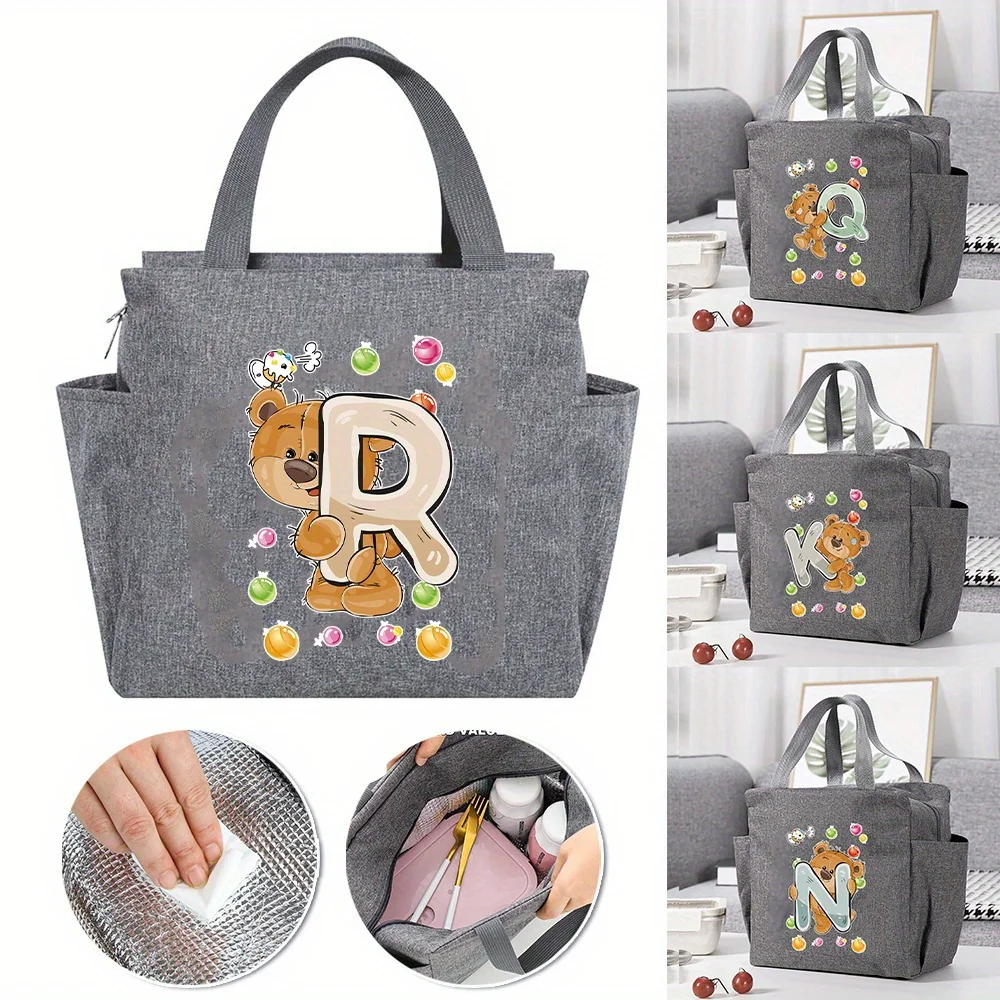 Trendy Canvas Insulated  Lunch Tote Bag Bear Letter Print Storage Bag Light Handheld Lunch Carrier