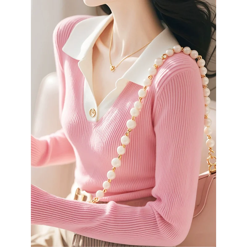 Women's Clothing Peter Pan Collar Autumn Winter Solid Color Pullover Long Sleeve Sweater Knitted Elegant Casual Trendy Tops