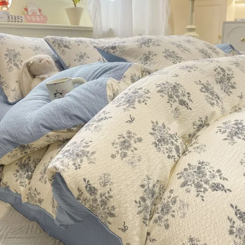 A-Class Puff Double-Layer Yarn 4-Piece Bedding Set - Breathable All-Season Dorm/Washable Cotton Soft & Comfortable