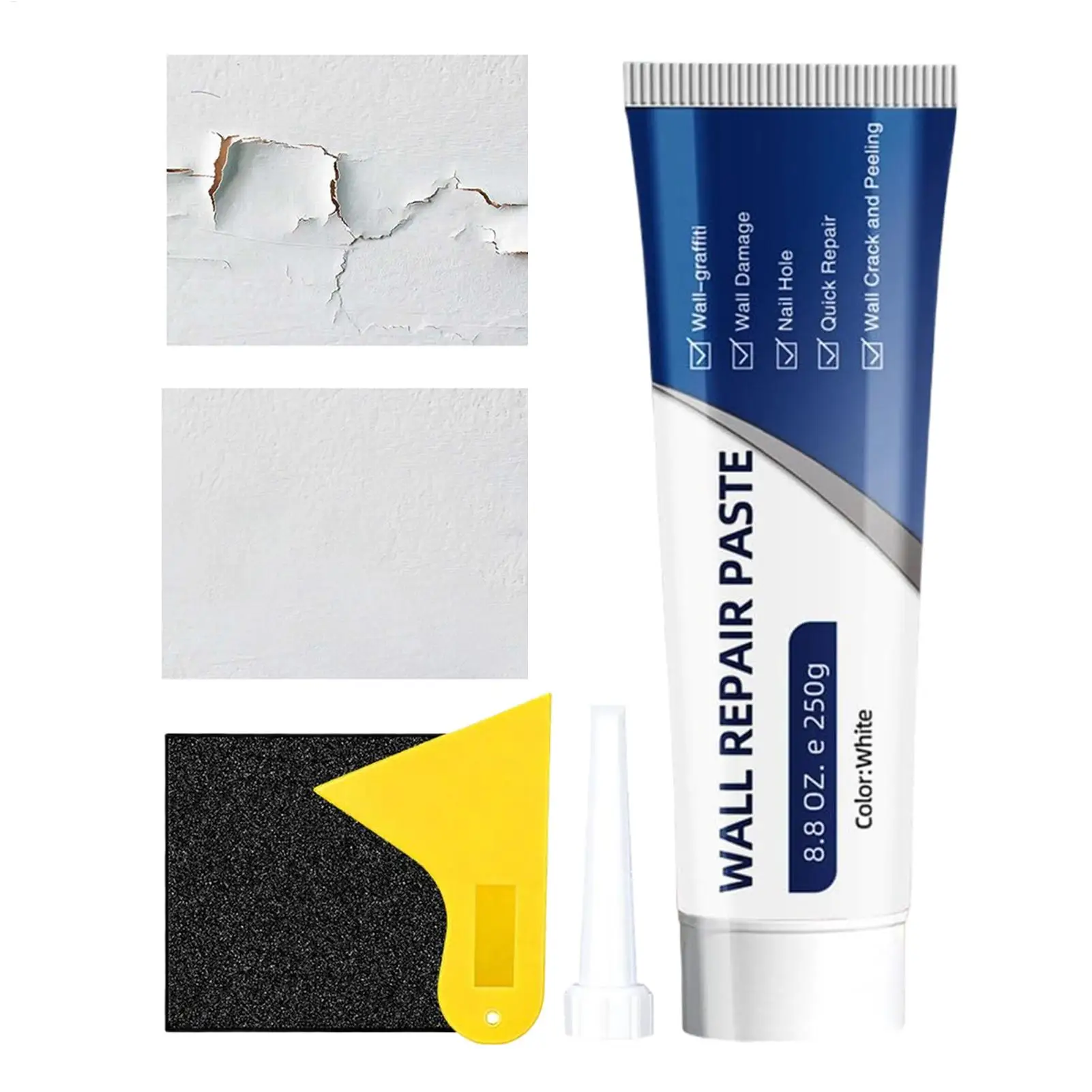Efficient gypsum board repair kit includes scraper, upgraded quick drying wall repair agent tip+scraper+sandpaper, for repairing