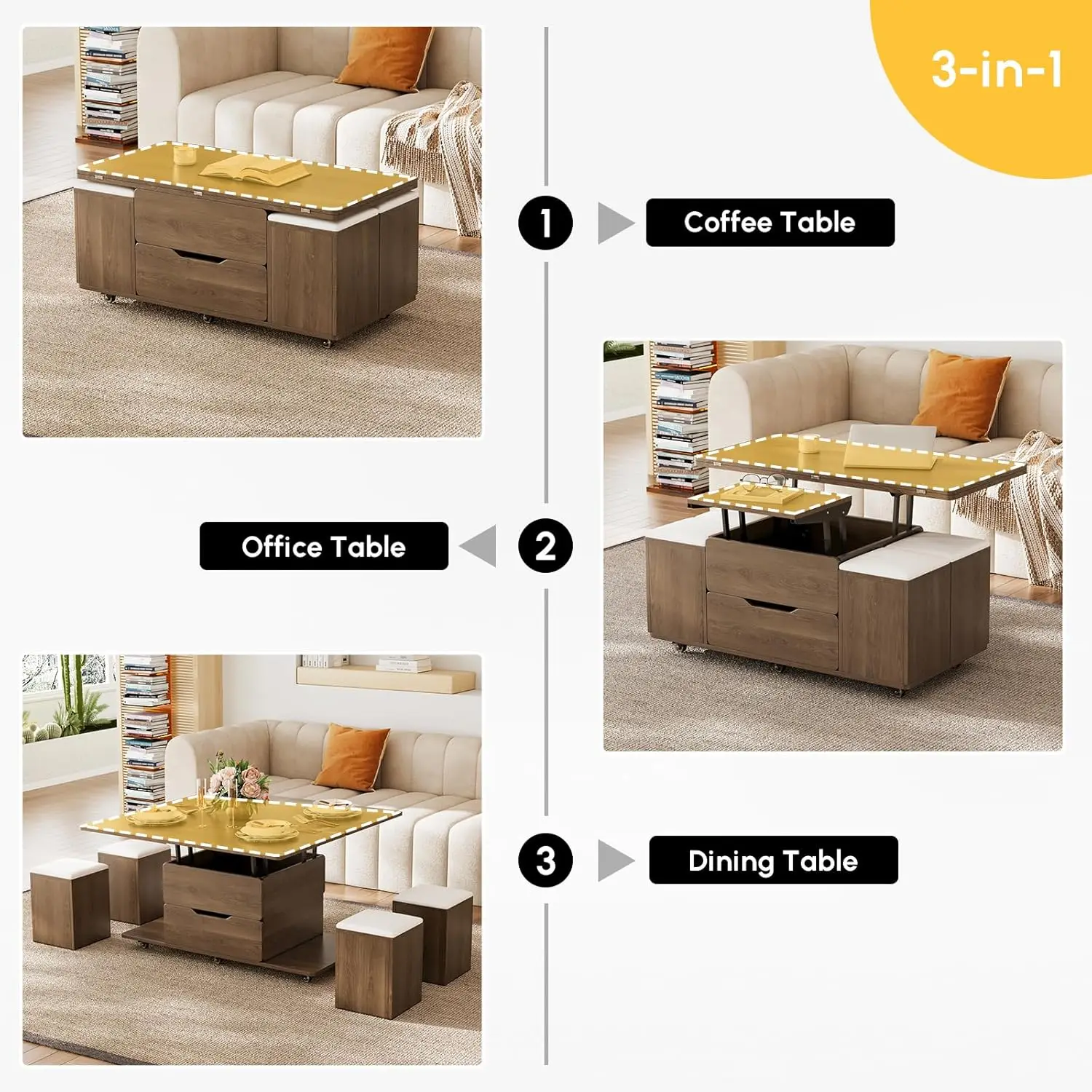 Lift-Top Coffee Table With Hidden Storage, 3-in-1 Modern Folding Center Table With 4 Stools, Casters, And Lockable Wheels – Conv