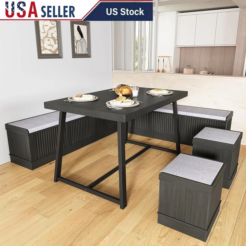 Corner Dining Table Set with Storage Bench and Ottomans Space-Saving Nook Table Set Comfortable Padded Seating Kitchen Dining