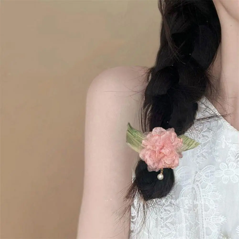 

Elastic Hair Band Handmade Hair Accessory 2pcs High Elastic Hair Ties with Hand-sewn Organza Flowers Imitation Pearl Pendant