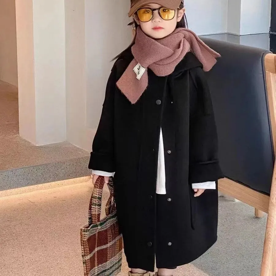 

110-170CM Teenage Girls Autumn Woolen Coat Korean Version Children's Medium Long Loose Overcoat 110-170CM