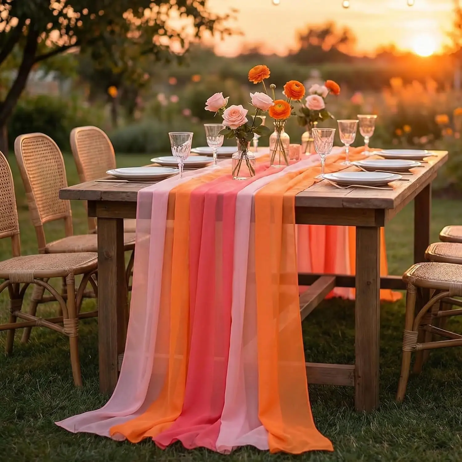 6pcs Table Runner Chiffon Sheer Gauze Red Pink Orange Boho Rustic Sunset Party Decor For Wedding Birthday Baby Bridal Shower
