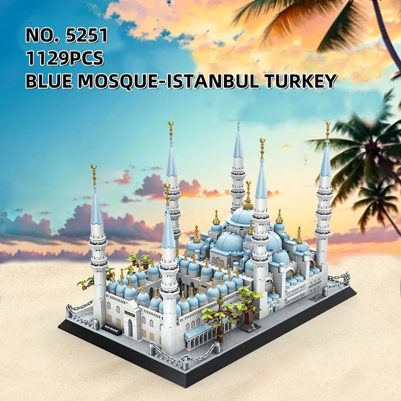 Blocs de Construction d'architecture de mosquée bleu ciel, briques à petites particules, cadeaux pour garçons et filles, jouet cadeau