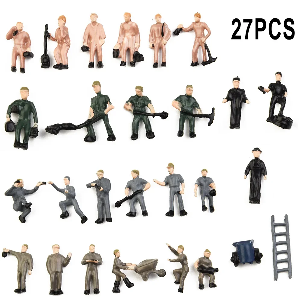 27Pcs Model Train Track Railroad Worker People Figures With Tools 1:87 Scale Home Garden Mini Ornament Worker/stand Random