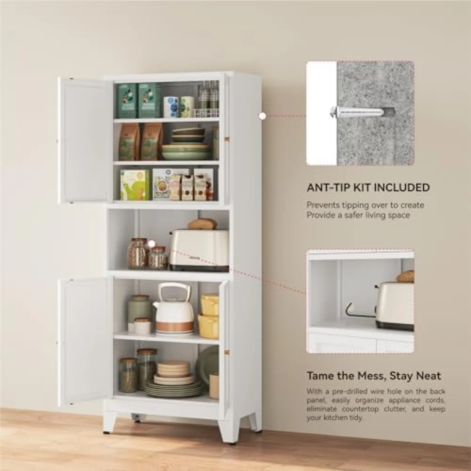 69" Tall Metal Kitchen Pantry Cabinet with Microwave Shelf, 4 Doors & 3 Adjustable Shelves, Heavy Duty Food Storage image 6