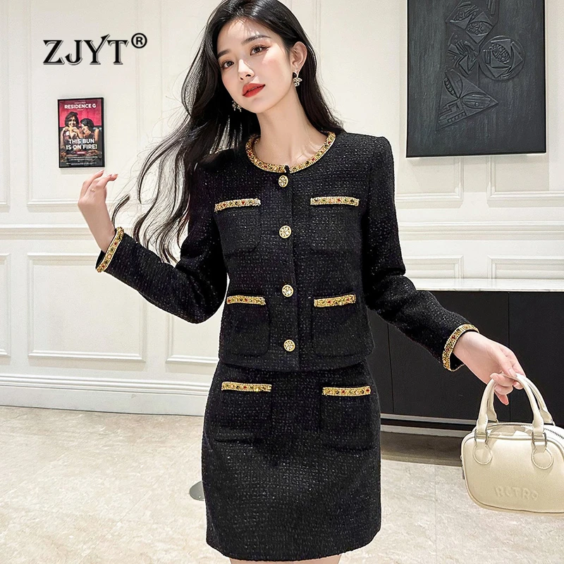 ZJYT Autumn Winter Women\'s Beading Tweed Woolen Jacket Suit with Skirt 2 Piece Set Elegant Outfit Office Lady Party Dress Sets