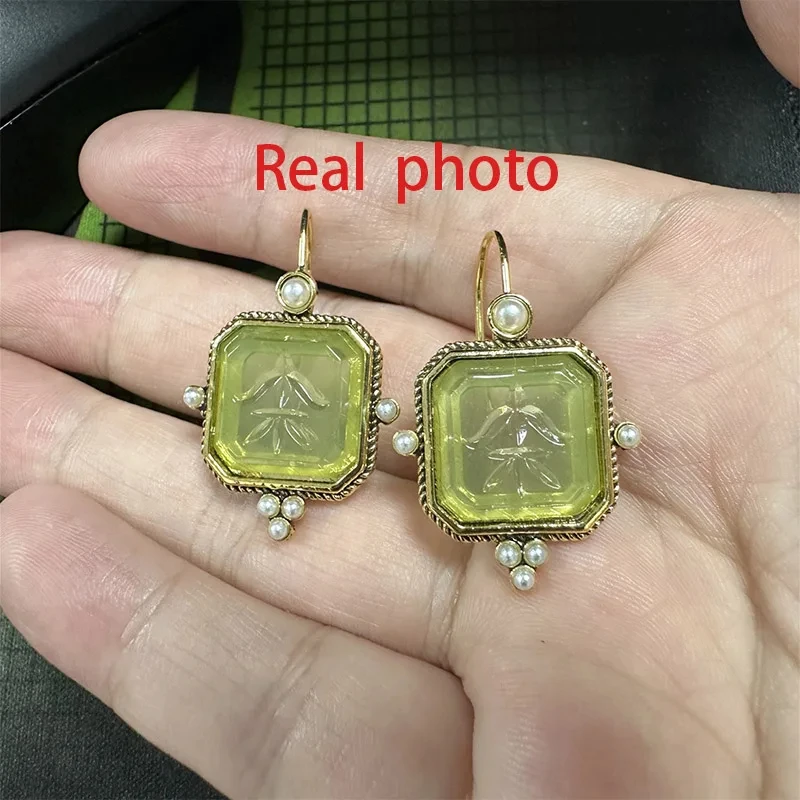 Vintage Intaglio 2024 New Trend Green Color Square Inlay Pearls Dangle Earrings For Women Party Birthday Antique Custom Jewelry