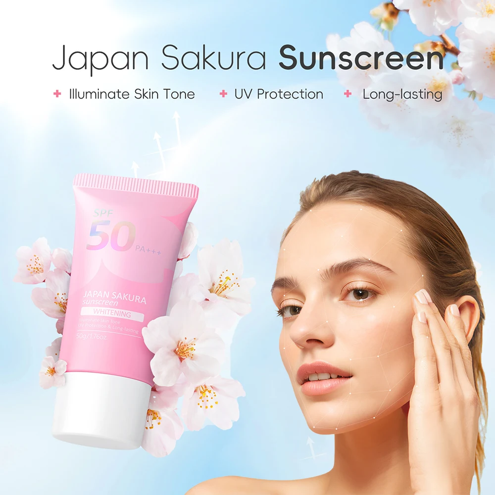 

SPF50 Sakura Sunscreen Cream Protector Facial Whitening Sun Block Gel Long Lasting Isolation Lotion Brighten Skin Tone 20/50g