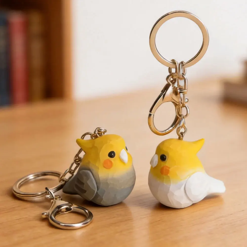 Hand Carved Cockatiel Keychain Cute Parrot Gray White Bird Keyring Wooden Pendant Bag Charm Gift Bird Figurine Keyring