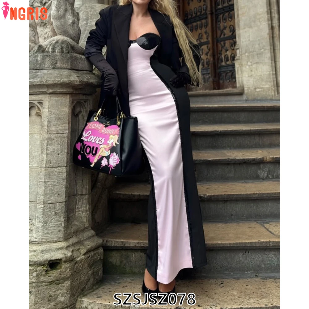 

Bettergirl women's fashion autumn and winter new pink T-shaped beaded dress with open chest and elegant long skirt-SZSJSZ078