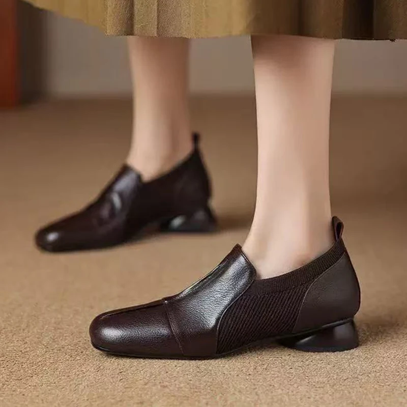 

Women Heeled Loafers Shoes Chunky Office Leather Shoes 2025 Autumn Casual Dress Soft Leather Shoes Walking Comfort Mujer Zapatos