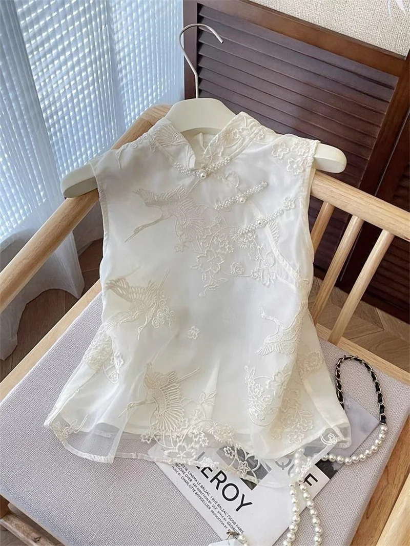 Chaquetas para mujer, chaleco para mujer, estilo chino de verano, top sin mangas, chaleco para mujer con cuello levantado, hebilla Hanfu, chaleco bordado ligero, abrigo