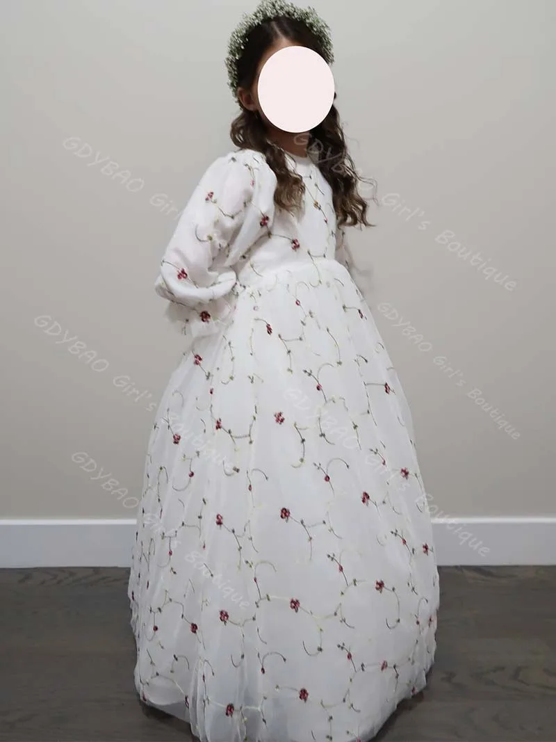 Vestidos de niña de flores de encaje personalizados para boda, niños pequeños, cintura alta, manga de globo, vestido de fiesta, vestido de desfile de primera comunión