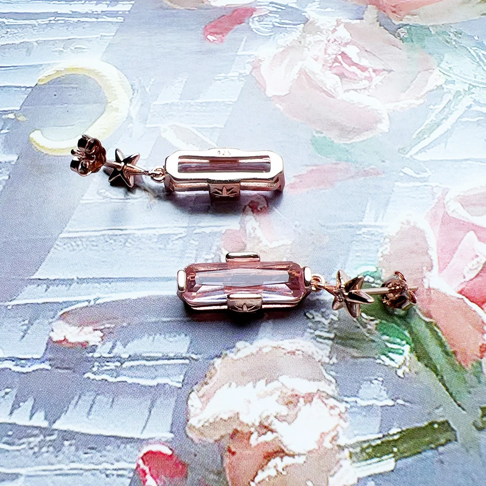 Stern-Ohrstecker mit rosévergoldetem Stein, europäischer romantischer feiner Schmuck für Frauen, Geschenk aus echtem 925er-Sterlingsilber – Detail 7