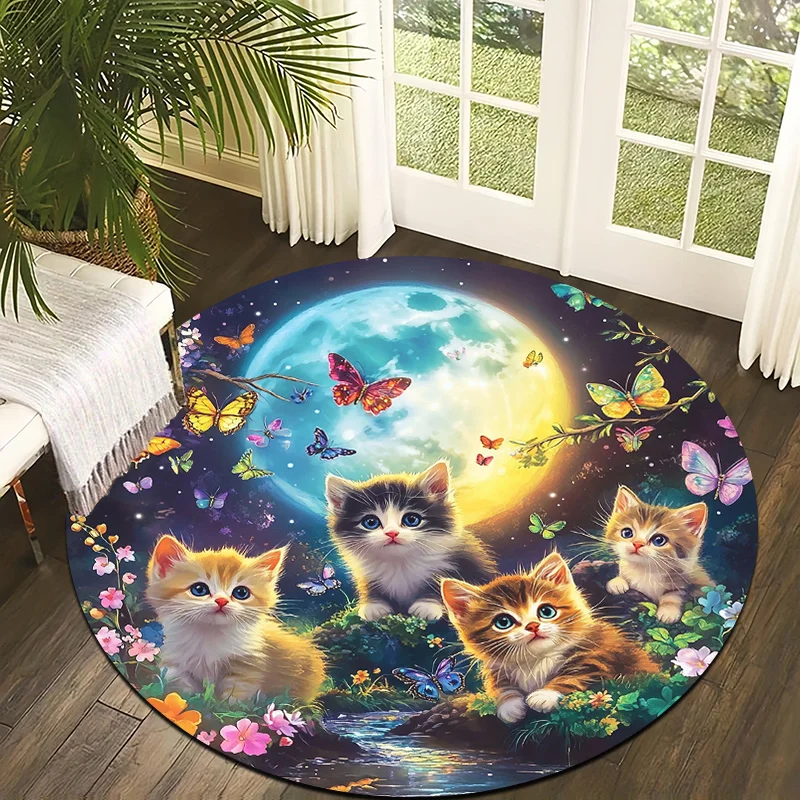Cat and Butterfly Theme Flannel-printed round floor mats are slip-resistant Suitable living room bedroom terrace garden carpets