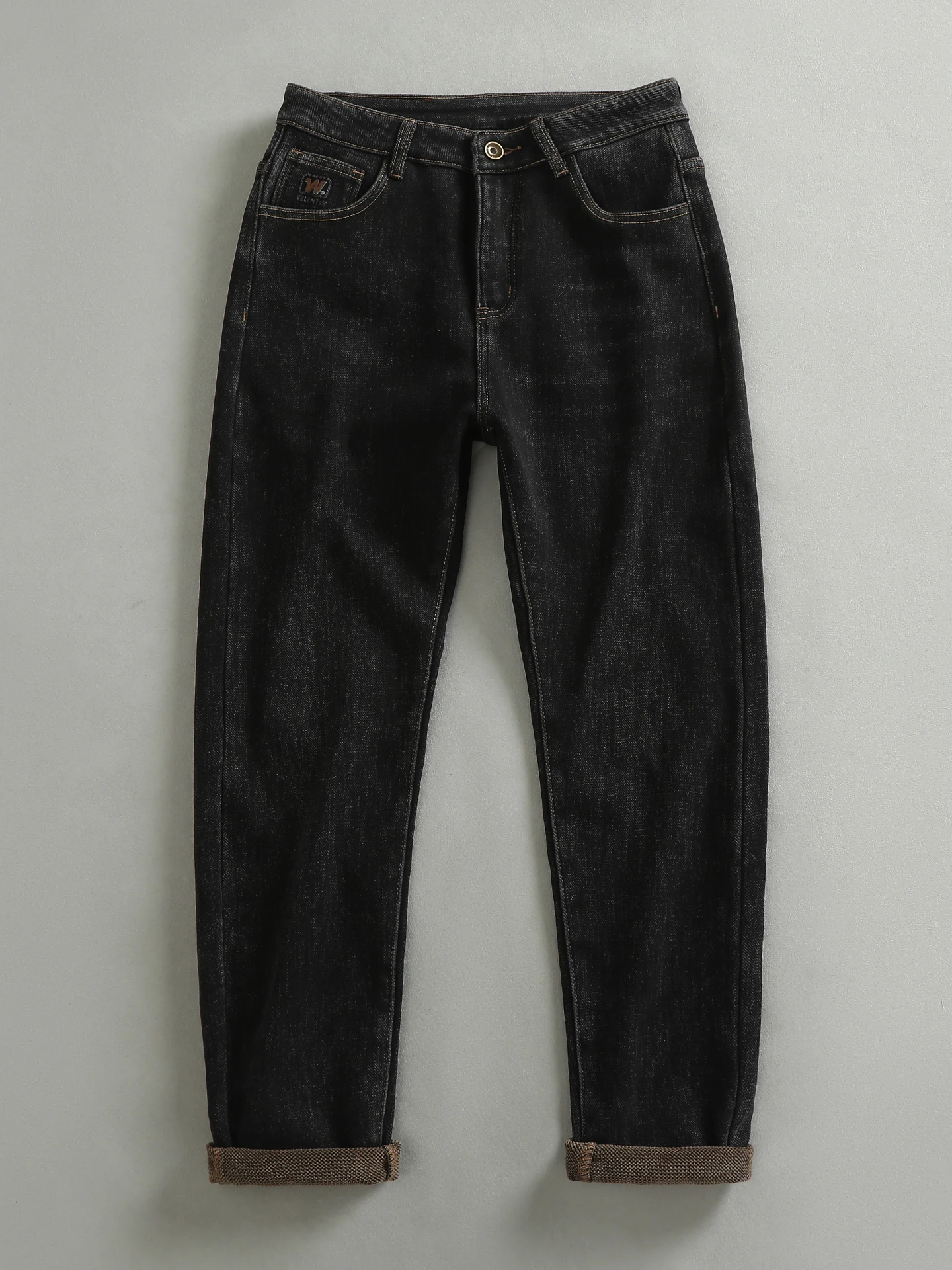 

Fleece Lined Thickened Black Denim Jeans Men's Elastic Comfortable Slim Straight Tube Long Pants Vintage Wash Cotton Polyeste...