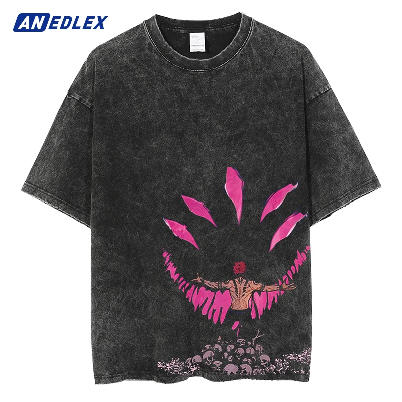 Hot Sale Japanese Anime Print T Shirt Men Vintage Washed Tshirt Summer Short Sleeve Cotton Tops Tees Harajuku Hip Hop Streetwear