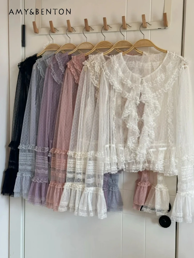 Elegant Fairy Lolita Ruffled Thin Chiffon Shirt Women Spring Summer Solid Color Versatile Lace Inner Layer CLA Style Short Top