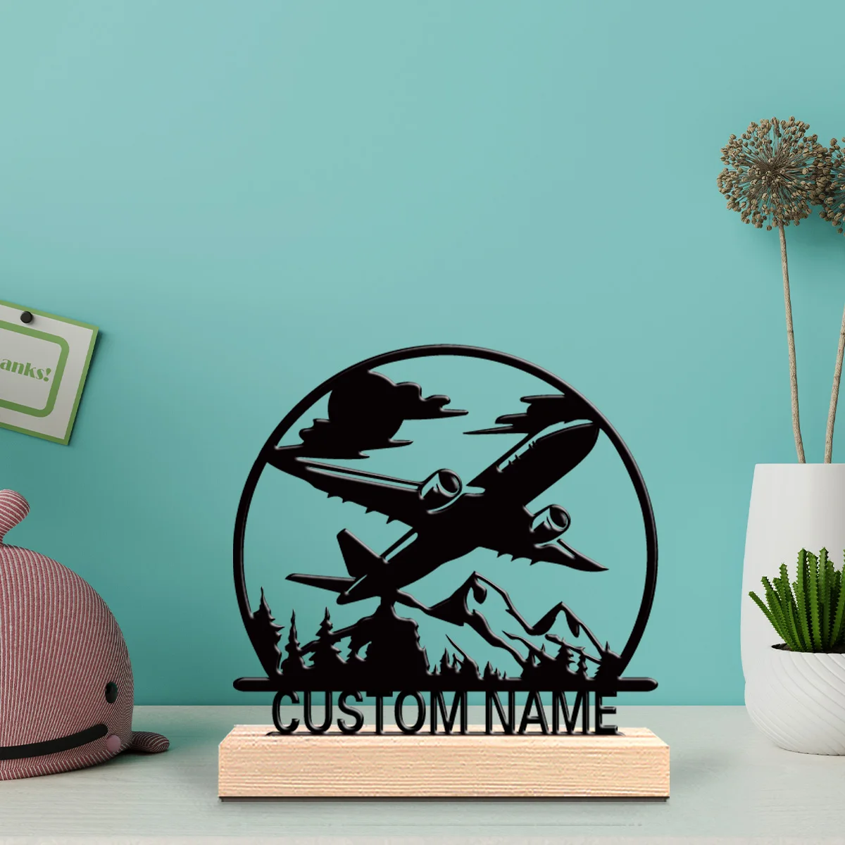 Metal Art With Wooden Base Tabletop Decoration Plant Aviation Enthusiast Gift With Wooden Base, Perfect For Office, Man Cave, Re
