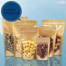 100PCS One Side Clear Stand Up Kraft Paper Ziplock Bag Resealable Snack Coffee Beaf Dates Chocolate Tea Gift Storage Pouches