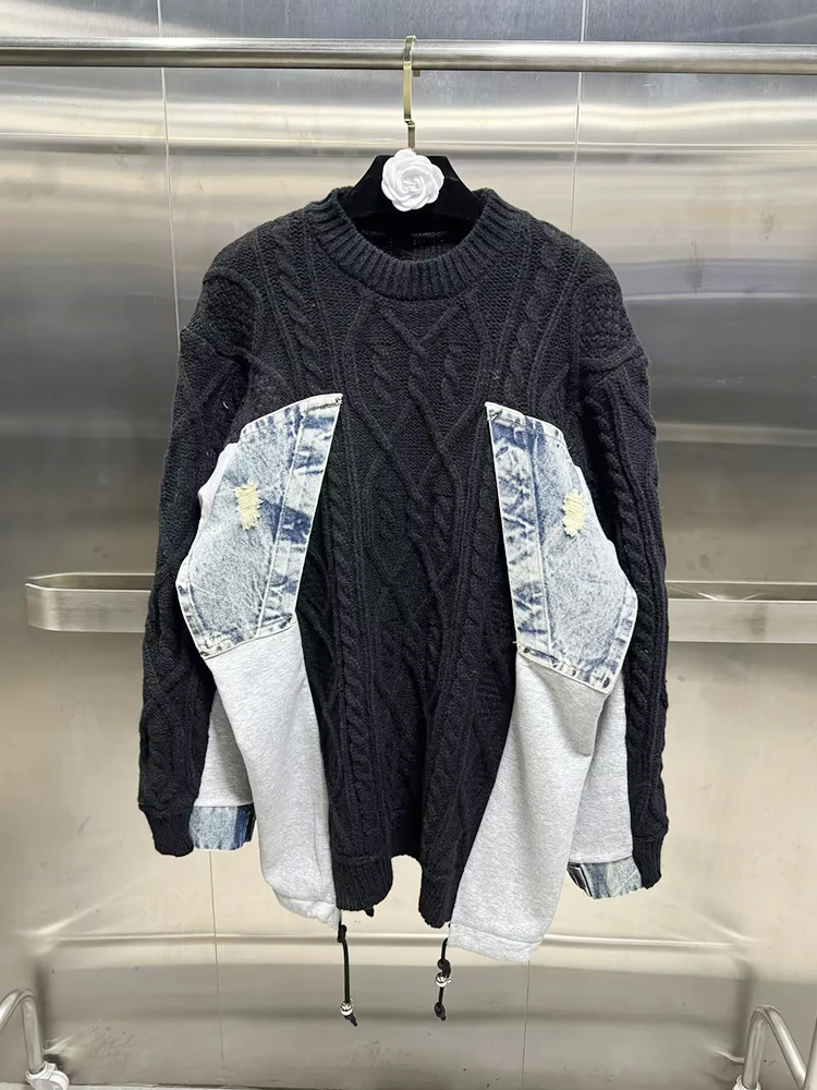 VGH Colorblack Patchwork Denim Loose Sweaters For Women Round Neck Long Sleeve Spliced Drawstring Minimalsit Sweater Female New