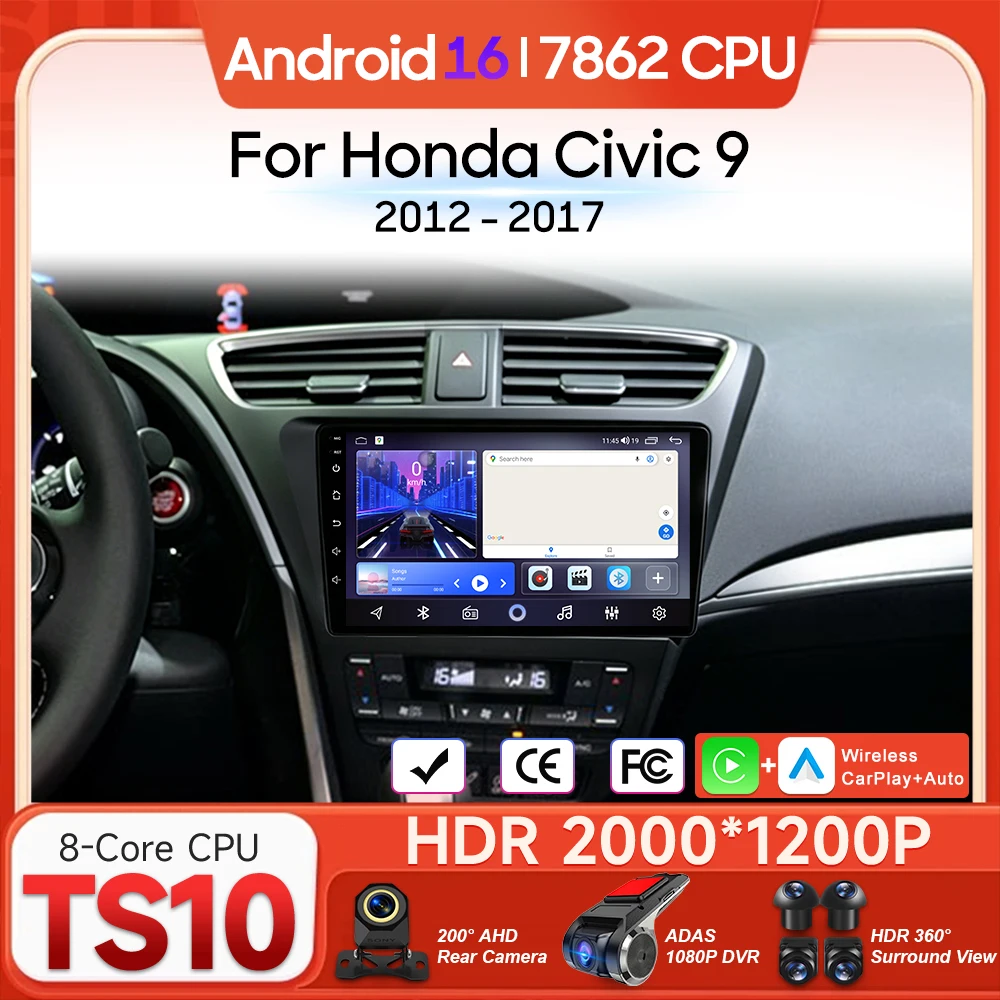 

Мультимедийный проигрыватель для Honda Civic 9 2012-2017 с Android 16, беспроводным CarPlay, автомагнитолой, видео, стерео, навигацией GPS, DSP, Wi-Fi
