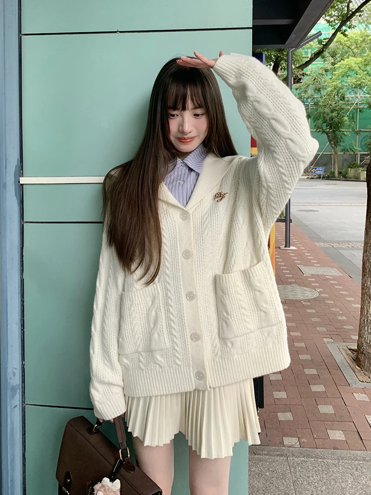 

Loose Knitted Navy Collar JK Sweater Women's Open Cardigan Outerwear Autumn Tokyo Seasonal Records JK Straight Tube Long Sleeve
