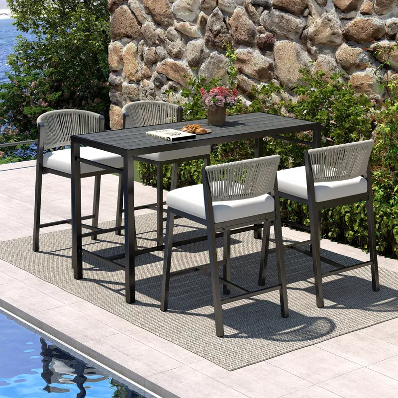 

！@Dwoo Modern Black Outdoor Garden Furniture Set High Bar Chairs Table Aluminum 5 Pieces Patio Dining Set