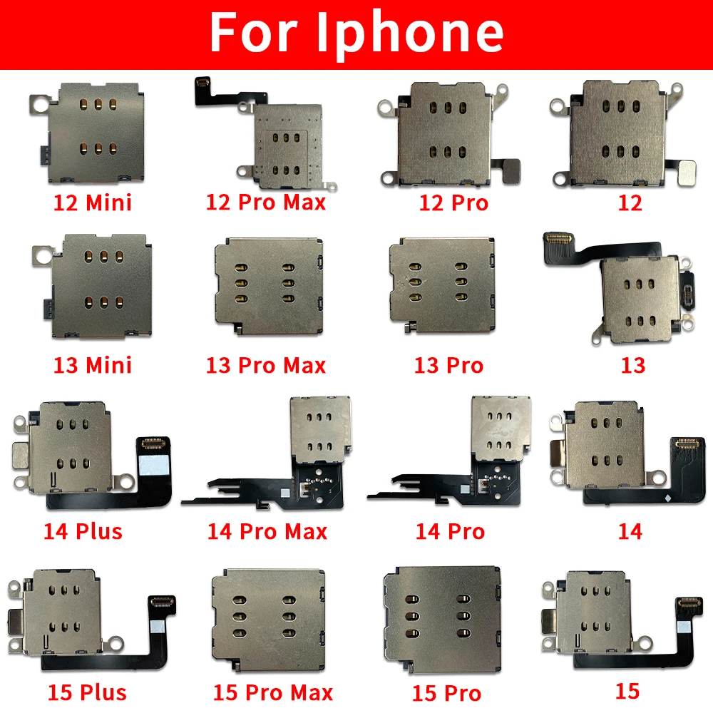 10 Pcs Dual Sim Card Tray Socket For Iphone 15 14 13 12 Pro Max Mini Plus SIM Card Slot Adapter Connector Flex Cable Replacement