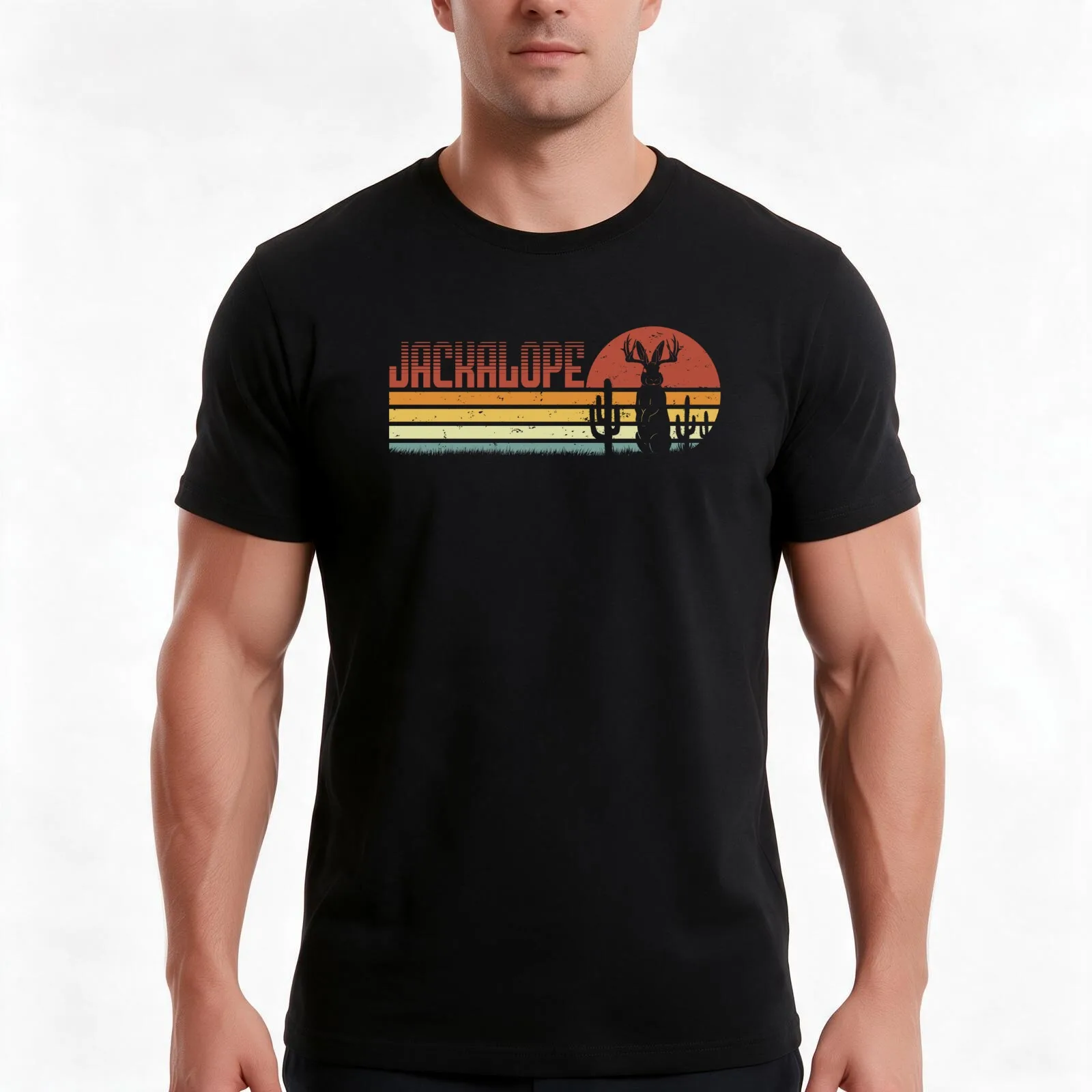 Jackalope Retro Stripes - Funny Vintage Desert Cryptid Gift T-Shirt, Summer Casual Cotton Tee, Oversized Streetwear Tops