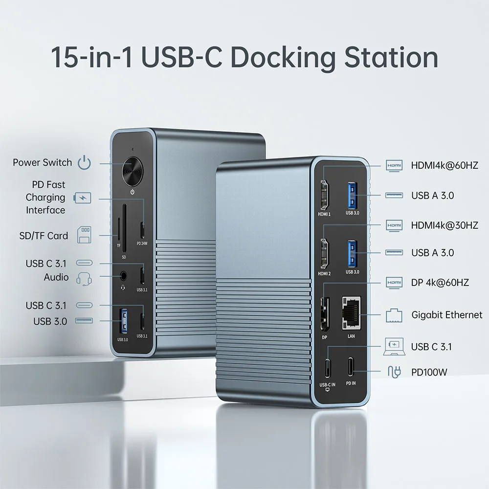 ACASIS 15‑in‑1 USB‑C Docking Station Triple Display Hub 4K@60Hz DP 4K HDMI 100W PD RJ45 SD TF Audio 3.5mm for MacBook Windows