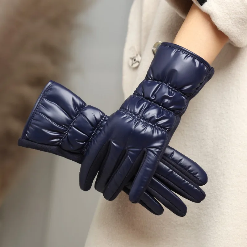 Women Winter Down Cloth Suede Folds Gloves Keep Warm Touch Screen Thin Light Not Bloated Elegant Temperament Simple Style