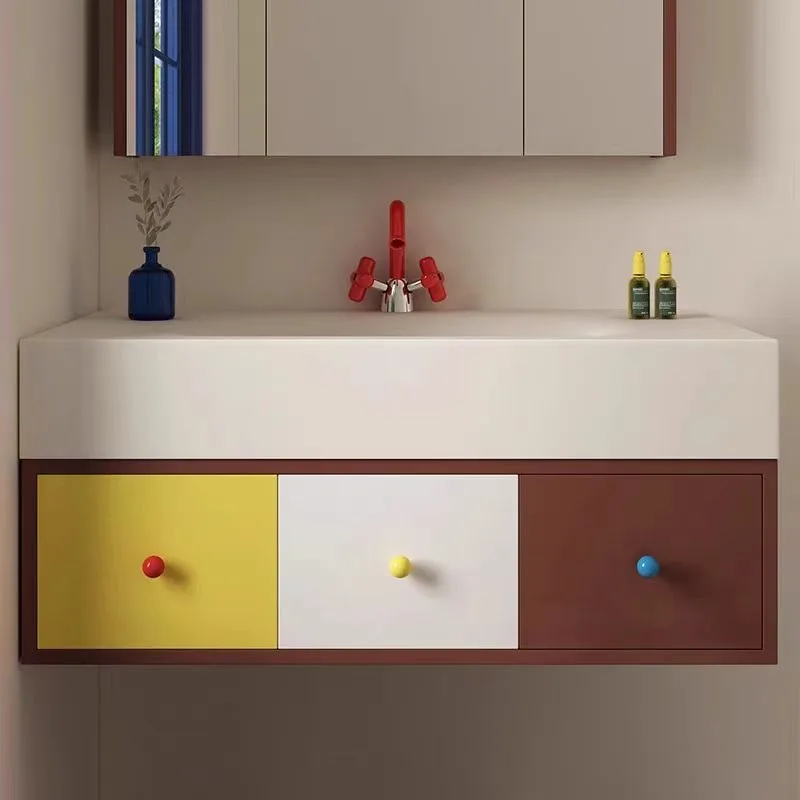 2025 New Dopamine Bathroom Cabinet Combination Washbasin Bathroom Integrated Rock Slab Hot Bending Oak Paint Wash Face