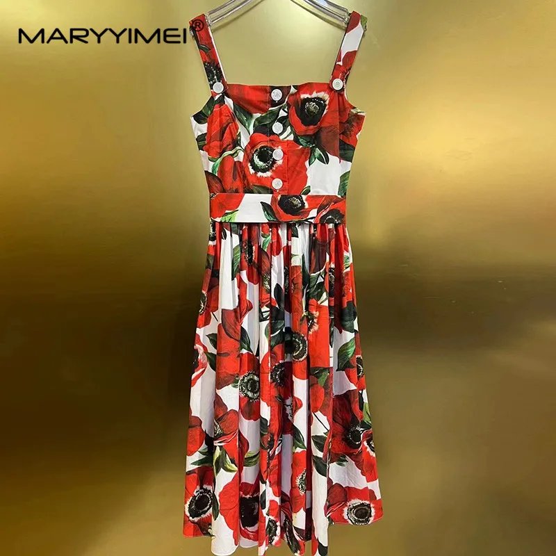 Maryyimei Mode Damen neue Baumwolle rücken freie Spaghetti träger Vierkant ausschnitt ärmel los bedruckte Vintage-Knopf elegantes Midi-Kleid