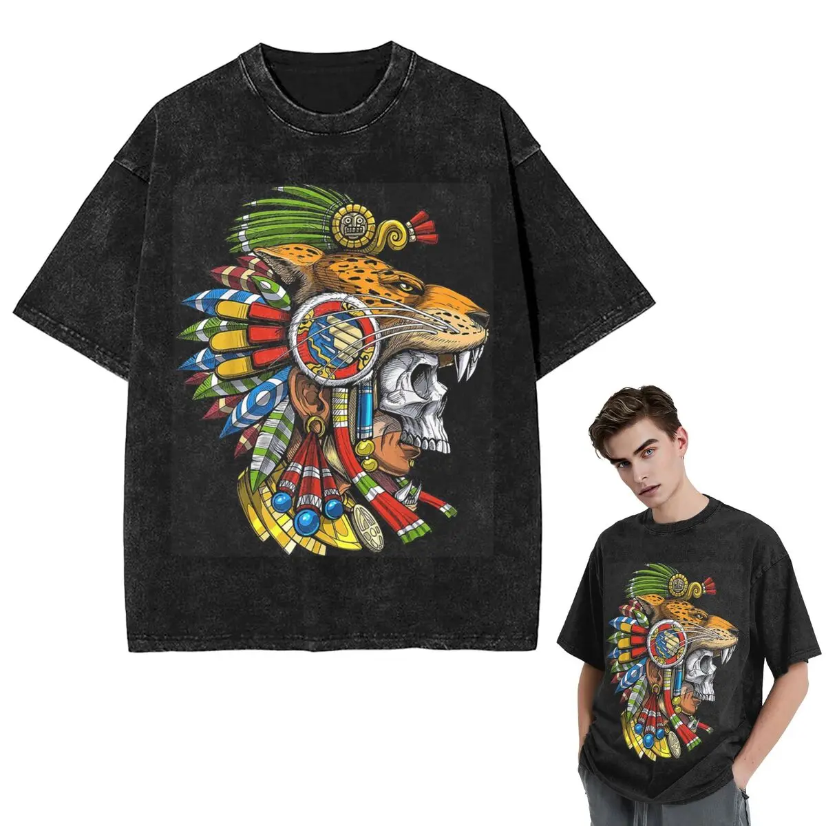 

Streetwear Aztec Skull Jaguar Warrior Mask Mayan Mythology Aztec Mask T Shirt Short Sleeve T-Shirt Tops Tees for Men Women