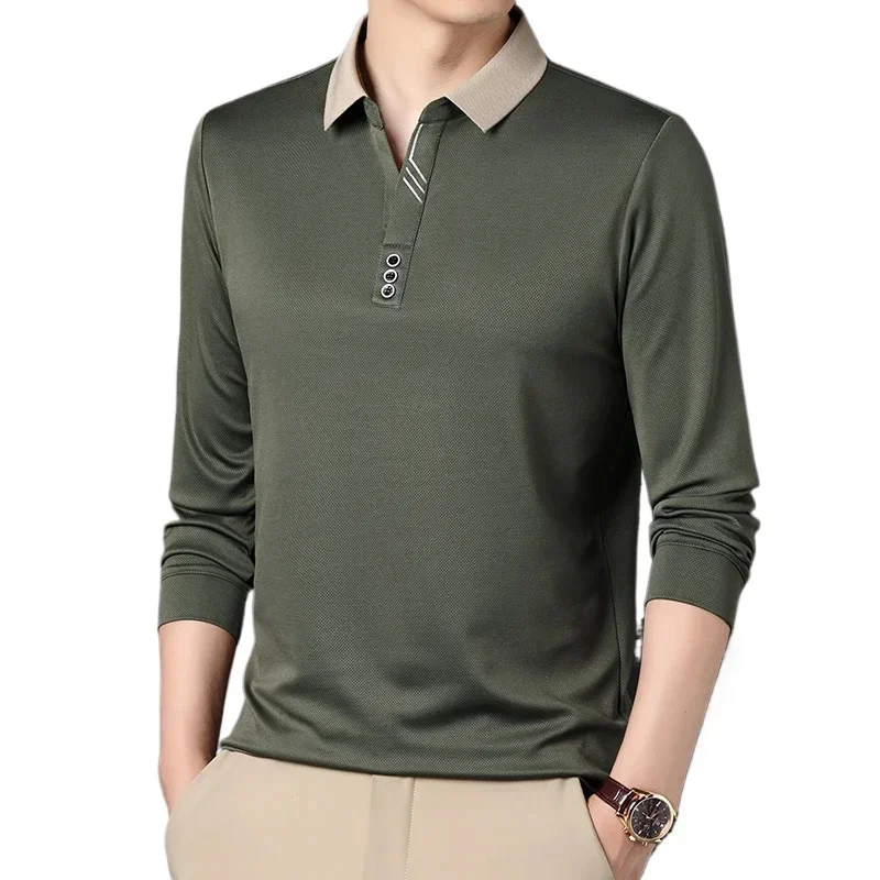 Men's Autumn Slim Elastic Polo Shirt Business Casual Long-sleeved Top Fashion Classic Solid Color Male Brand Tees
