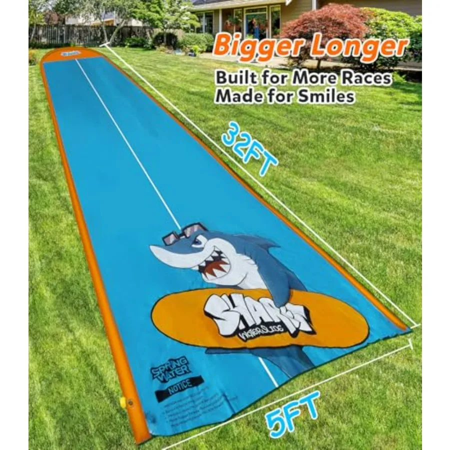 Backyard water slide for kids aged 5-12, PVC material, blue and yellow, dual-lane 32ft design with sprinkler and inflatable bod