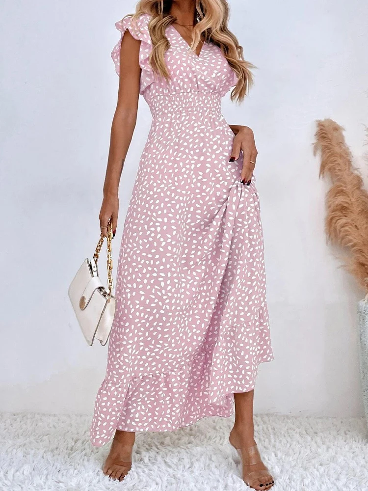 Vestido informal de lunares para mujer, Vestido largo de gasa sin mangas con cuello de pico y cintura alta