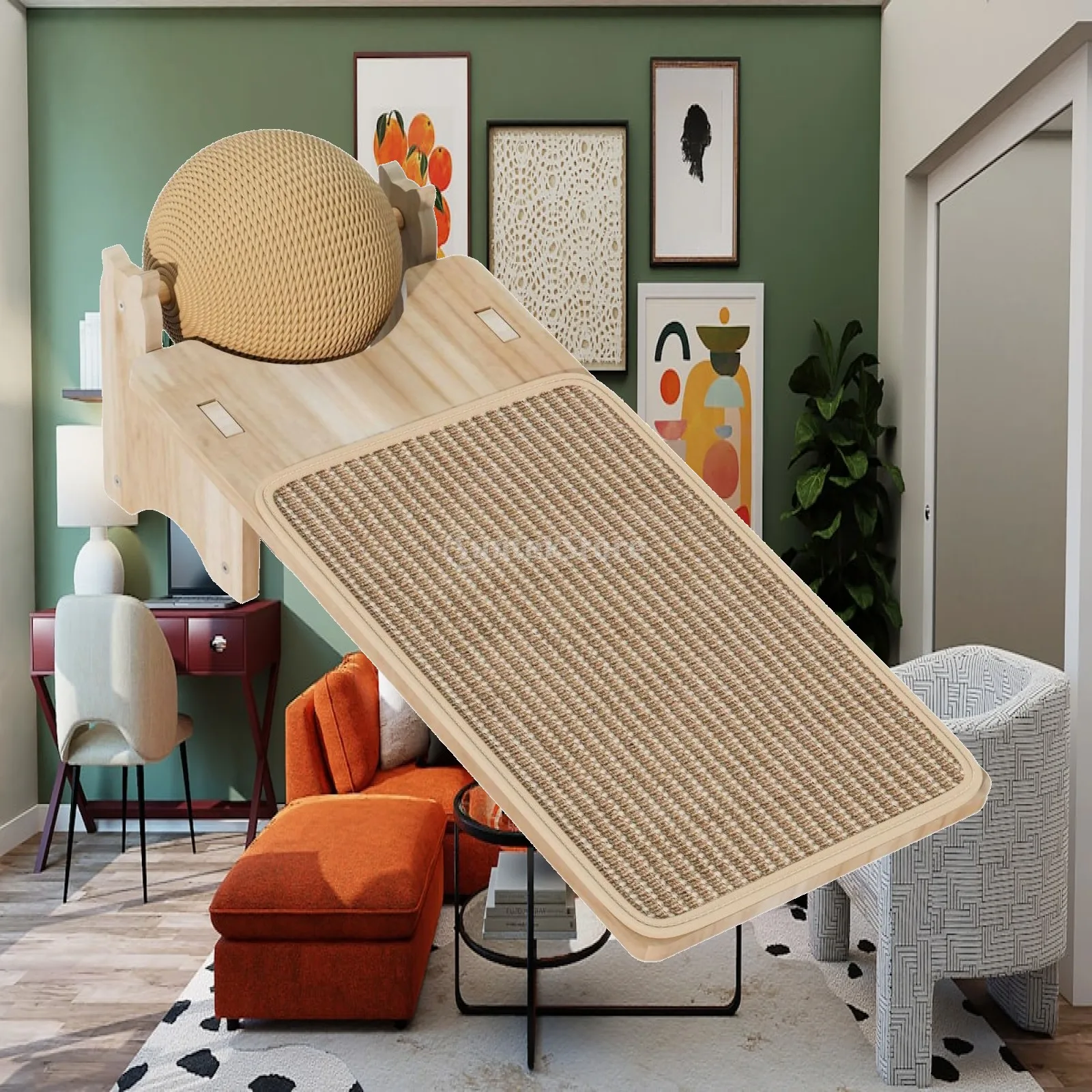 Cat Scratch Pad Bed with Sisal Ball for Indoor Cats Jute Wood Scratching Board Lounge Ramp Furniture Protector for Kitten