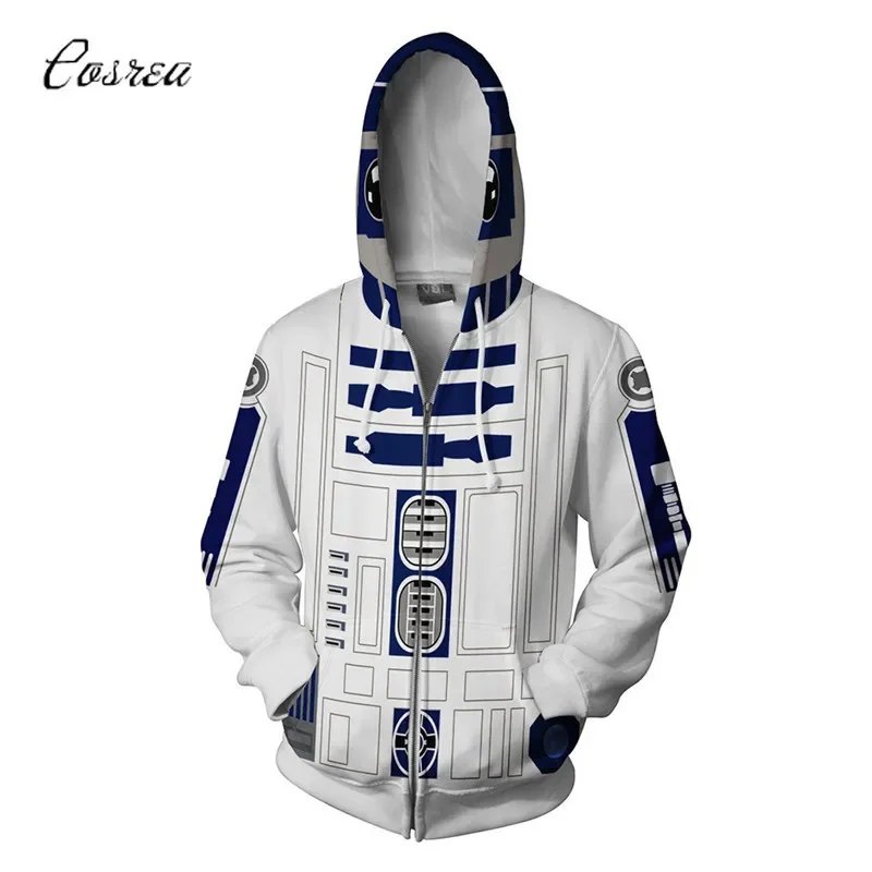 Costume da uomo Felpe con cappuccio Cerniera Felpa con cappuccio corta Felpa Jedi Knight Luke Skywalker R2-D2 Tuta per ragazzi Top bianco