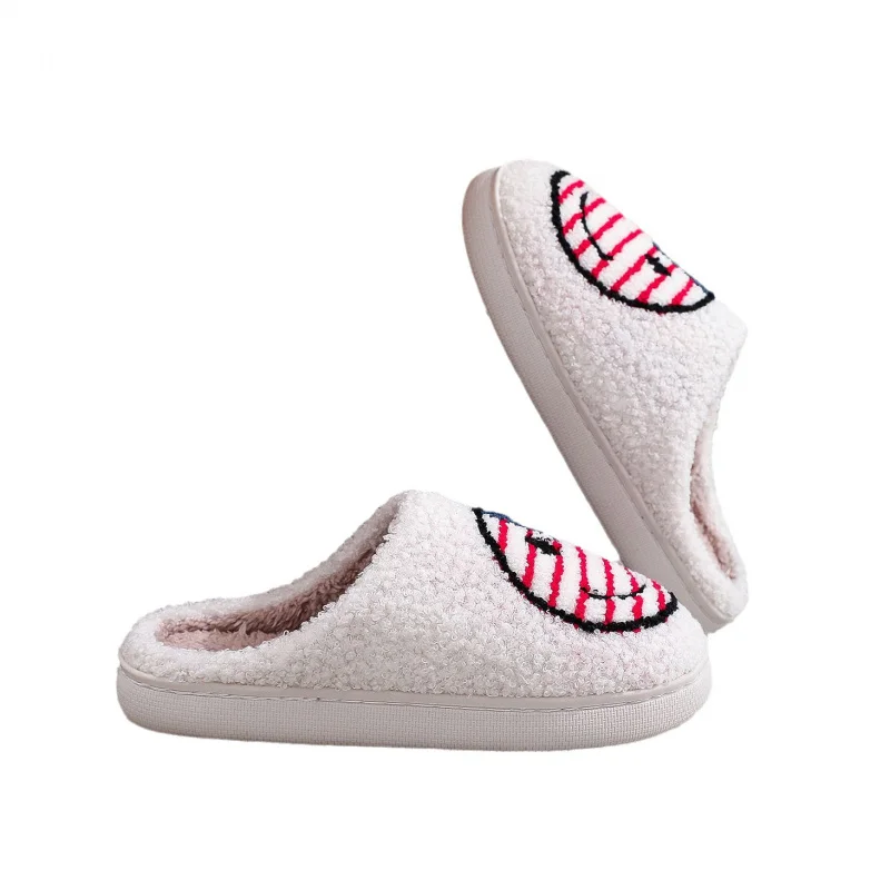 Pantoufles mignonnes avec visage souriant pour femmes et hommes, chaussures d'intérieur en peluche pelucheuse avec semelle antidérapante, cadeaux d'hiver confortables et chauds