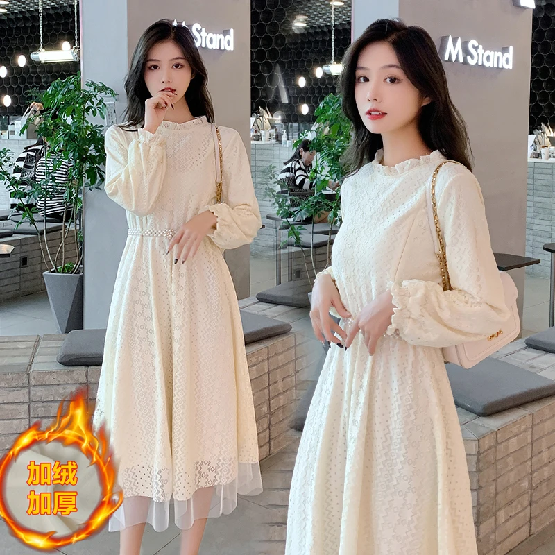 

Winter Maternity Lace Nursing Dress Long Lantern Sleeve Ruffles Collar Pregnant Woman Breastfeeding Dress Pregnancy Party Dress