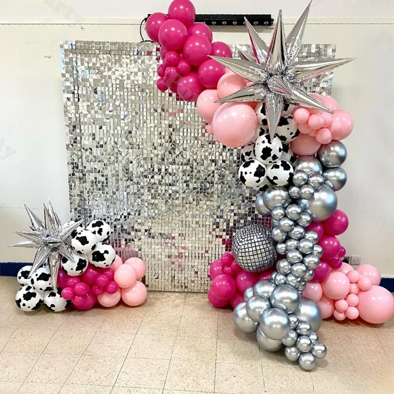 143pcs Farm Theme Party Decoration Cow and Pink Balloon with Chrome Silver Latex Ballon and Water Drop Aluminum Foil Balloon Set