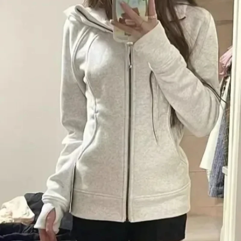 Frauen Koreanischen Stil Streetwear Zip Up Kapuzen Sweatshirt Lässige mode einfarbig wolle pullover jacke beliebte kleidung Harajuku